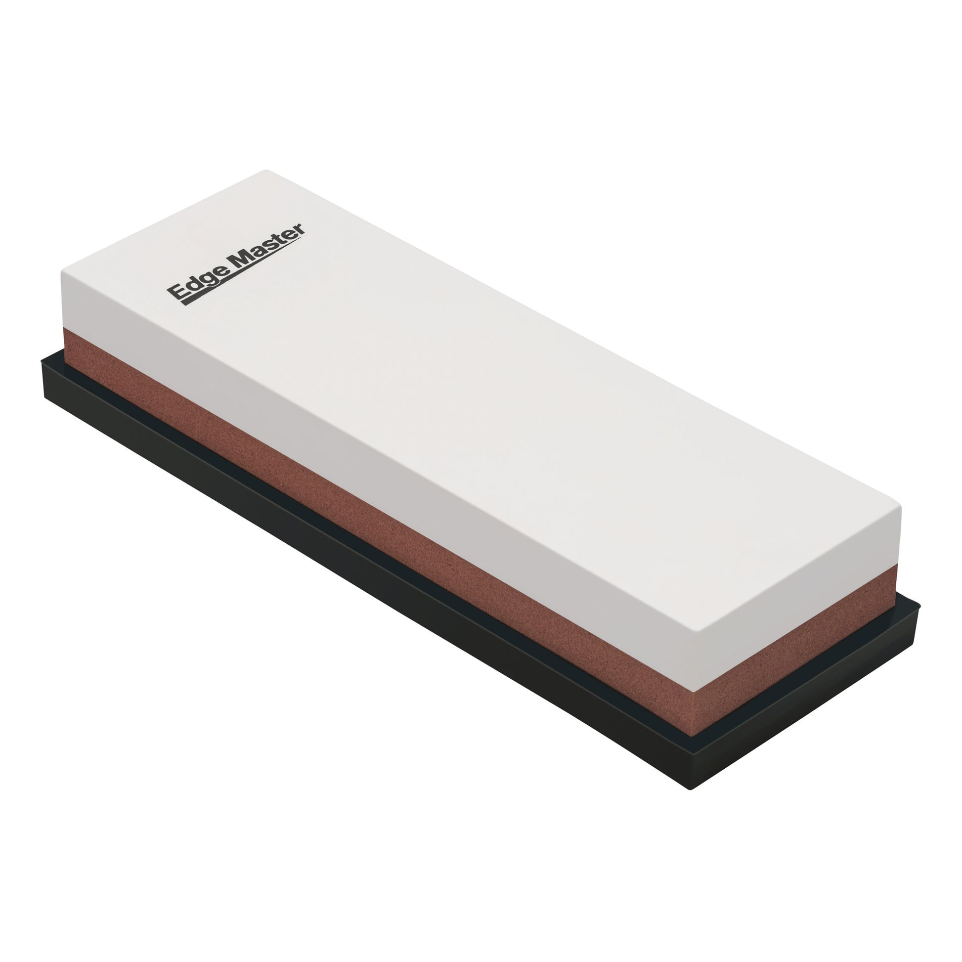 Combination whetstone with white sharpening surface, brown abrasive layer, black base, Edge Master
