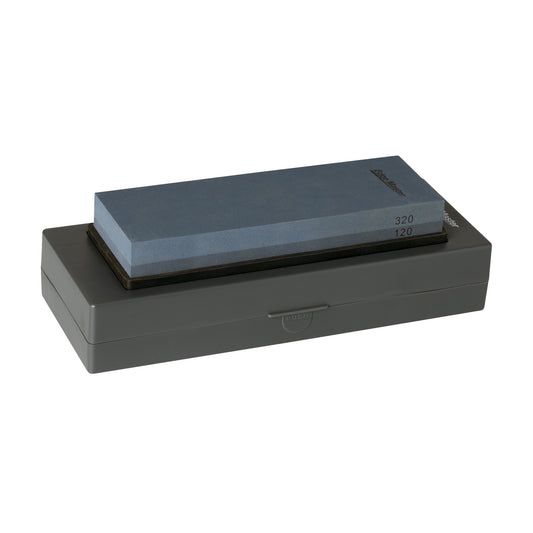 320-grit silicone carbide sharpening stone on dark gray base case