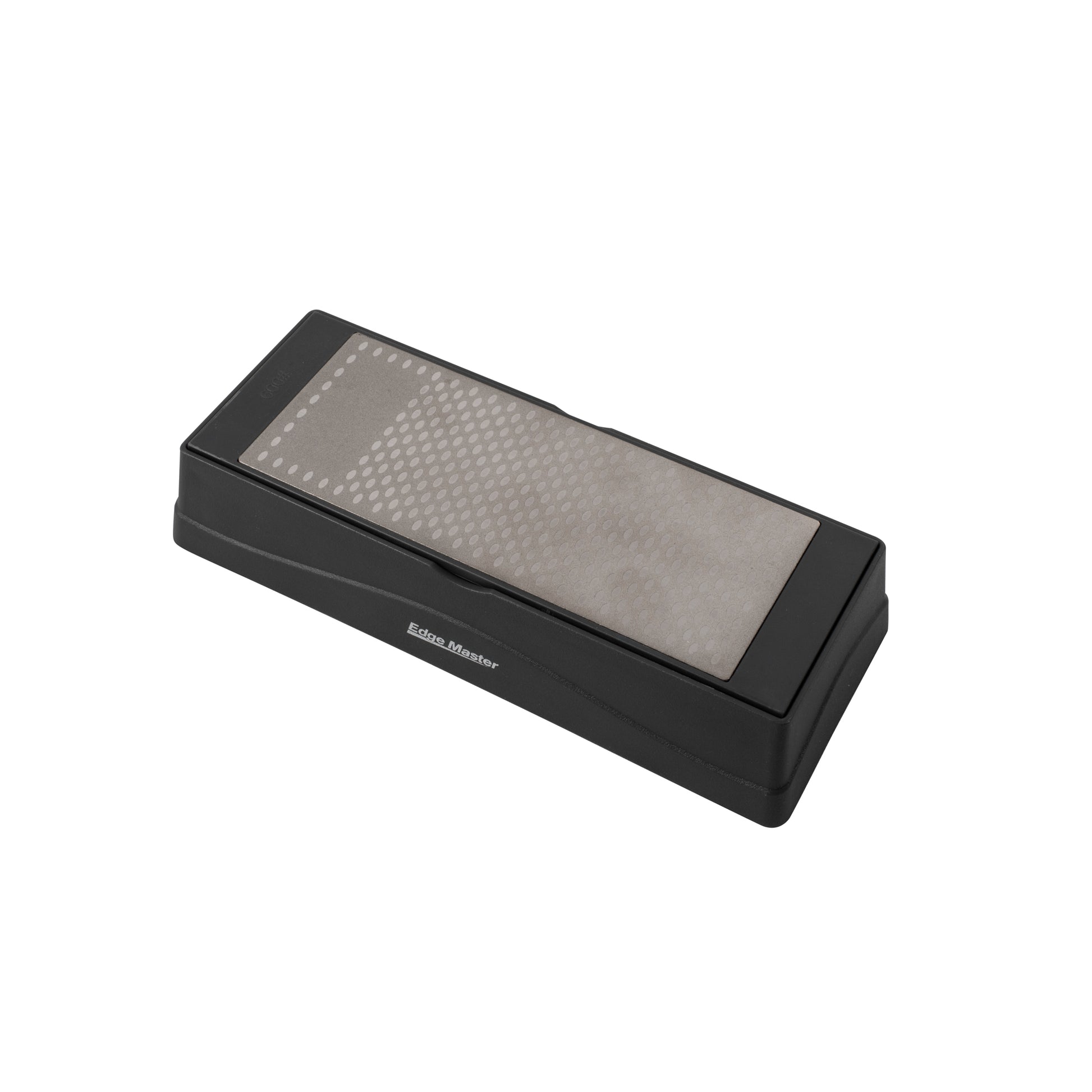 Two-sided diamond sharpening stone with gray textured surface and black base