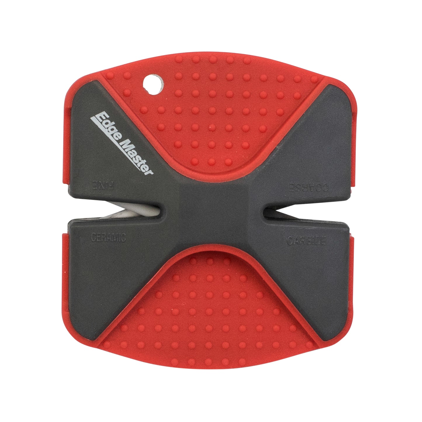 Compact knife sharpener with red non-slip grip and black sharpening guides, Edge Matters logo
