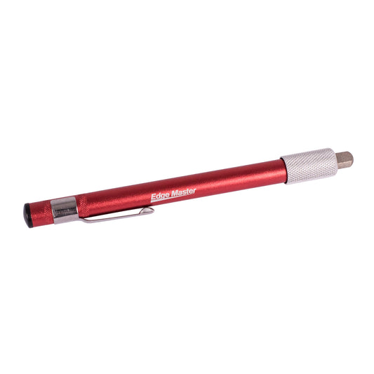 Retractable pencil sharpener with red metal body and Edge Master branding