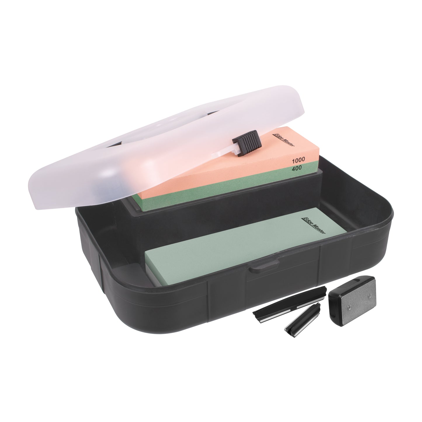 Whetstone sharpening kit with corundum stones, black case, and angle guide pieces