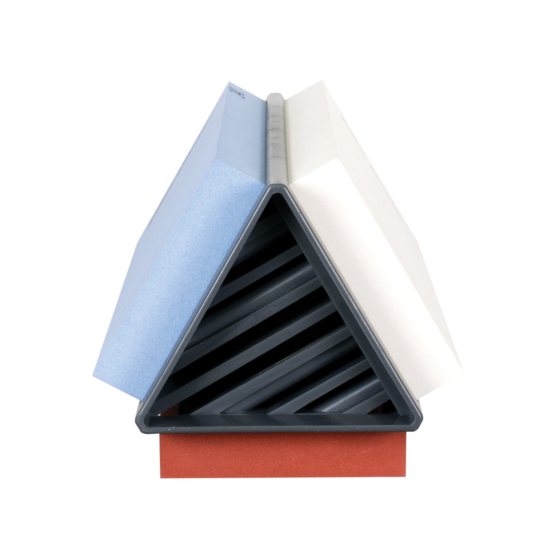 3-in-1 sharpening station showing blue and white corundum stones with dark triangular holder