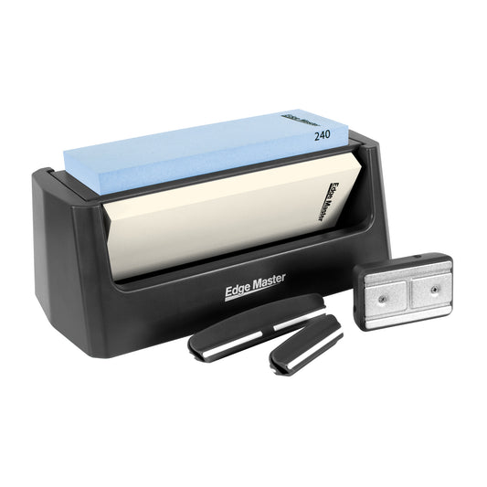 3-in-1 whetstone sharpening station with black base, blue/white stones and Edge Master guide