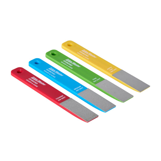 Diamond sharpener and hone set with four colored handles and diamond sharpening blades
