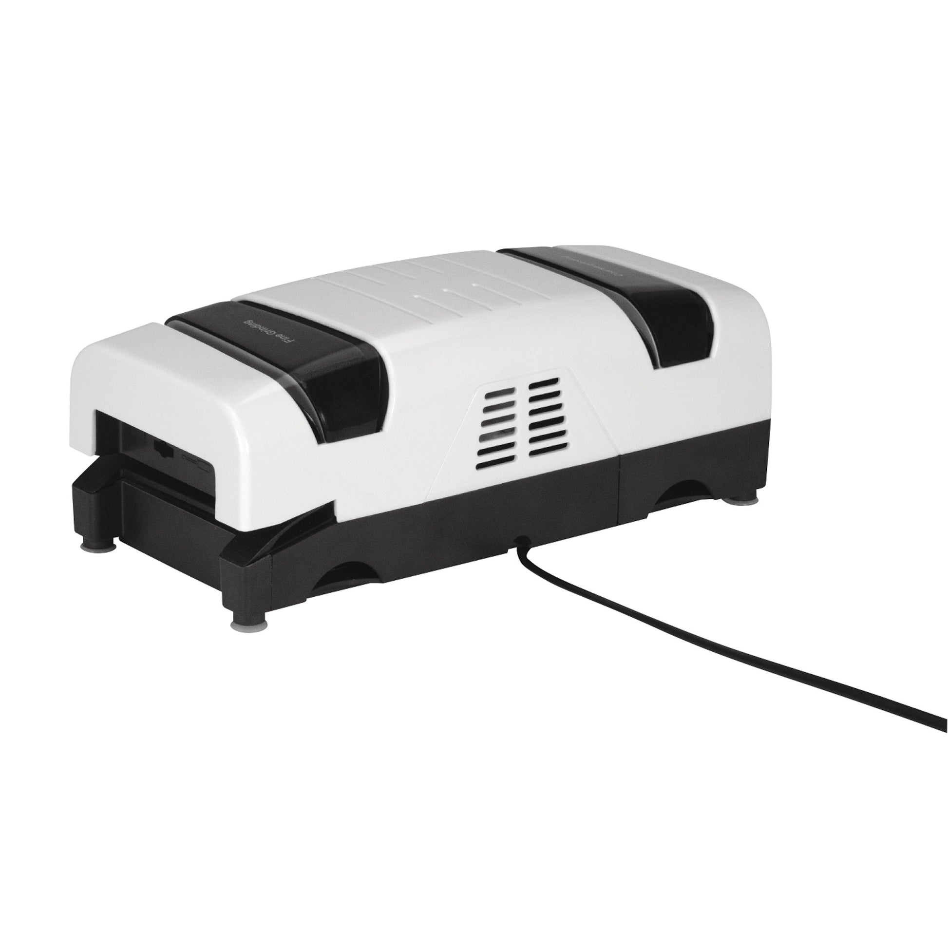 2-stage electric knife sharpener, white and black base with side power cord