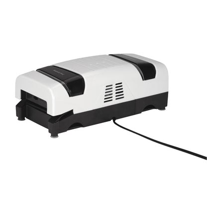 2-stage electric knife sharpener, white and black base with side power cord