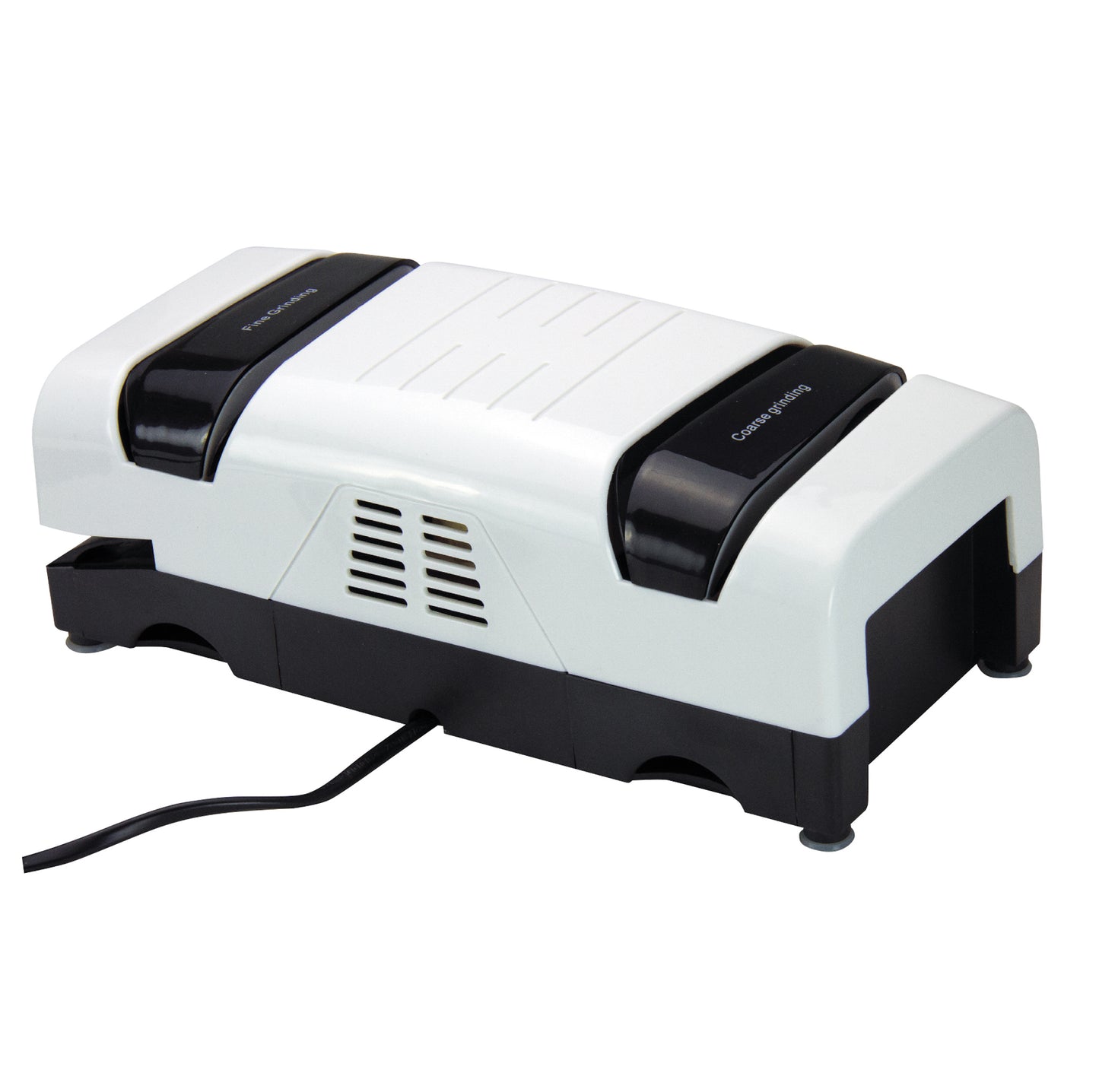 2-stage electric knife sharpener with two black sharpening guides and power cord