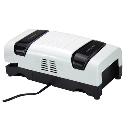 2-stage electric knife sharpener with two black sharpening guides and power cord