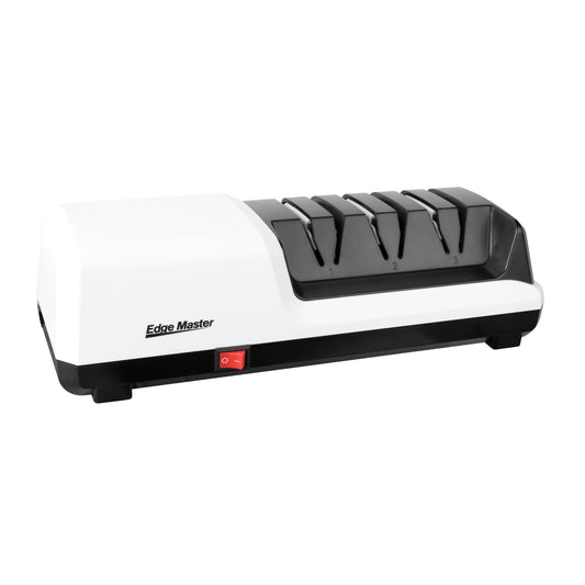 Edge Master electric knife sharpener with three-stage sharpening slots, white and black body