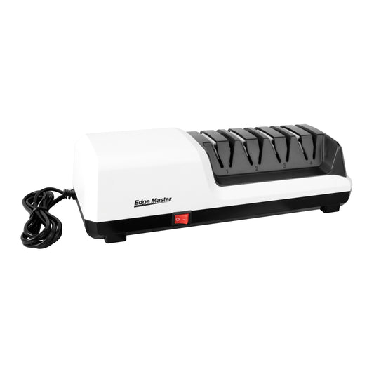 Edge Master electric knife sharpener, white base with black multi-slot sharpening head