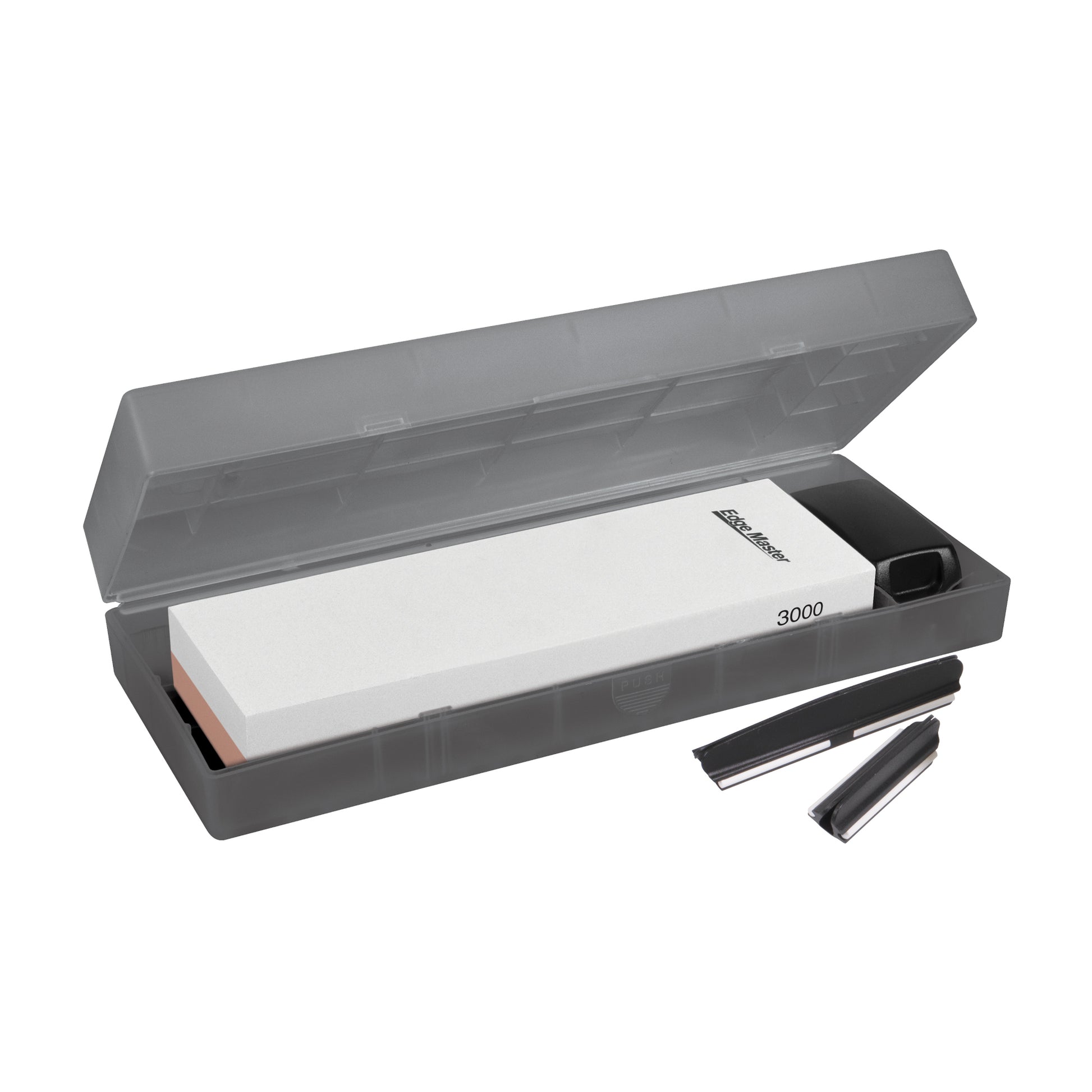 3000-grit whetstone sharpening kit with gray case and two metal guide pieces