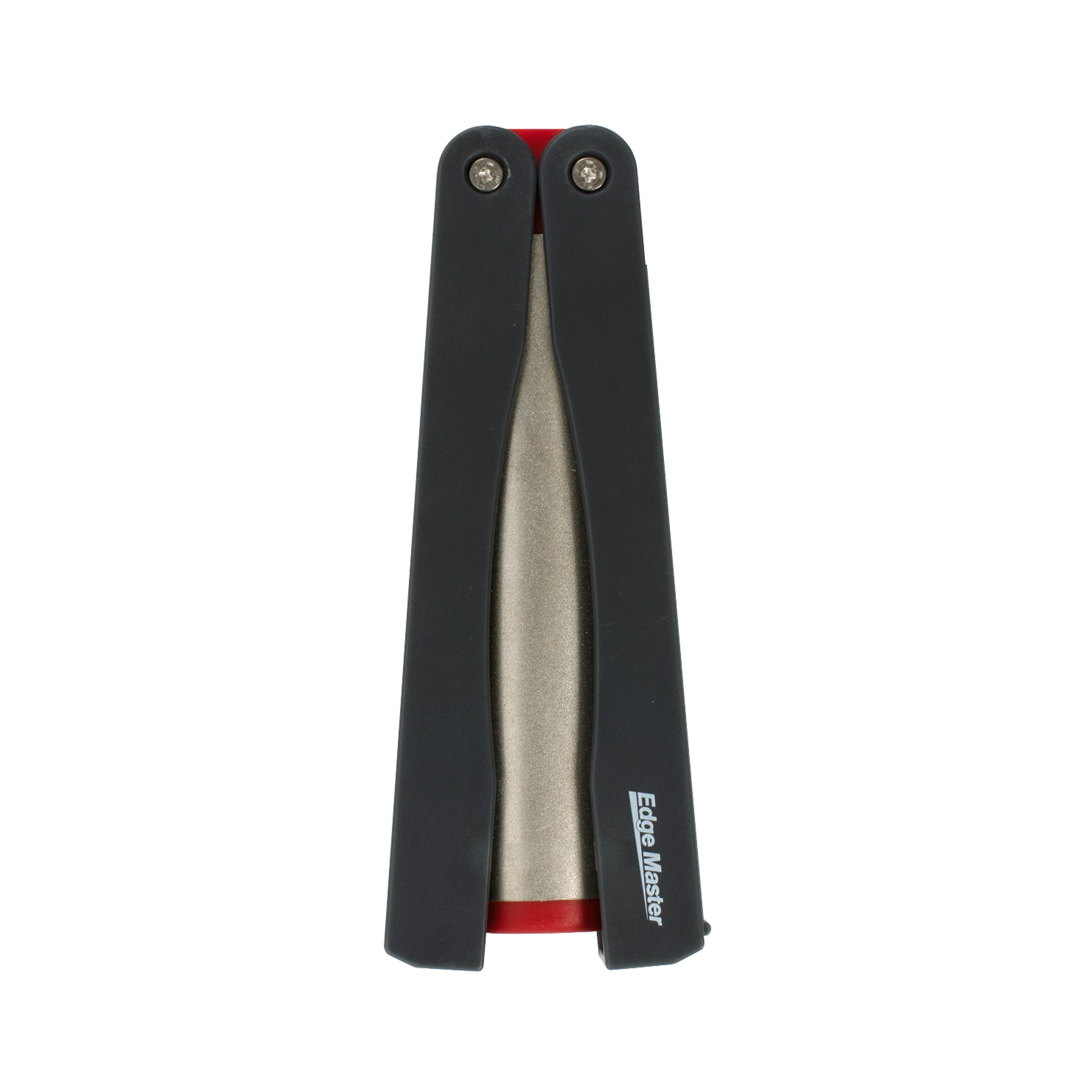 Diamond knife sharpener with black folding arms and silver rod, red strip near base