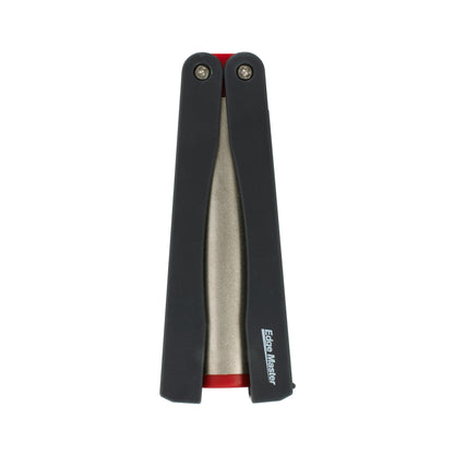Diamond knife sharpener with black folding arms and silver rod, red strip near base