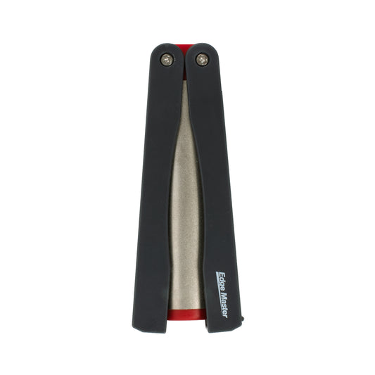 Diamond knife sharpener with black folding arms and silver rod, red strip near base