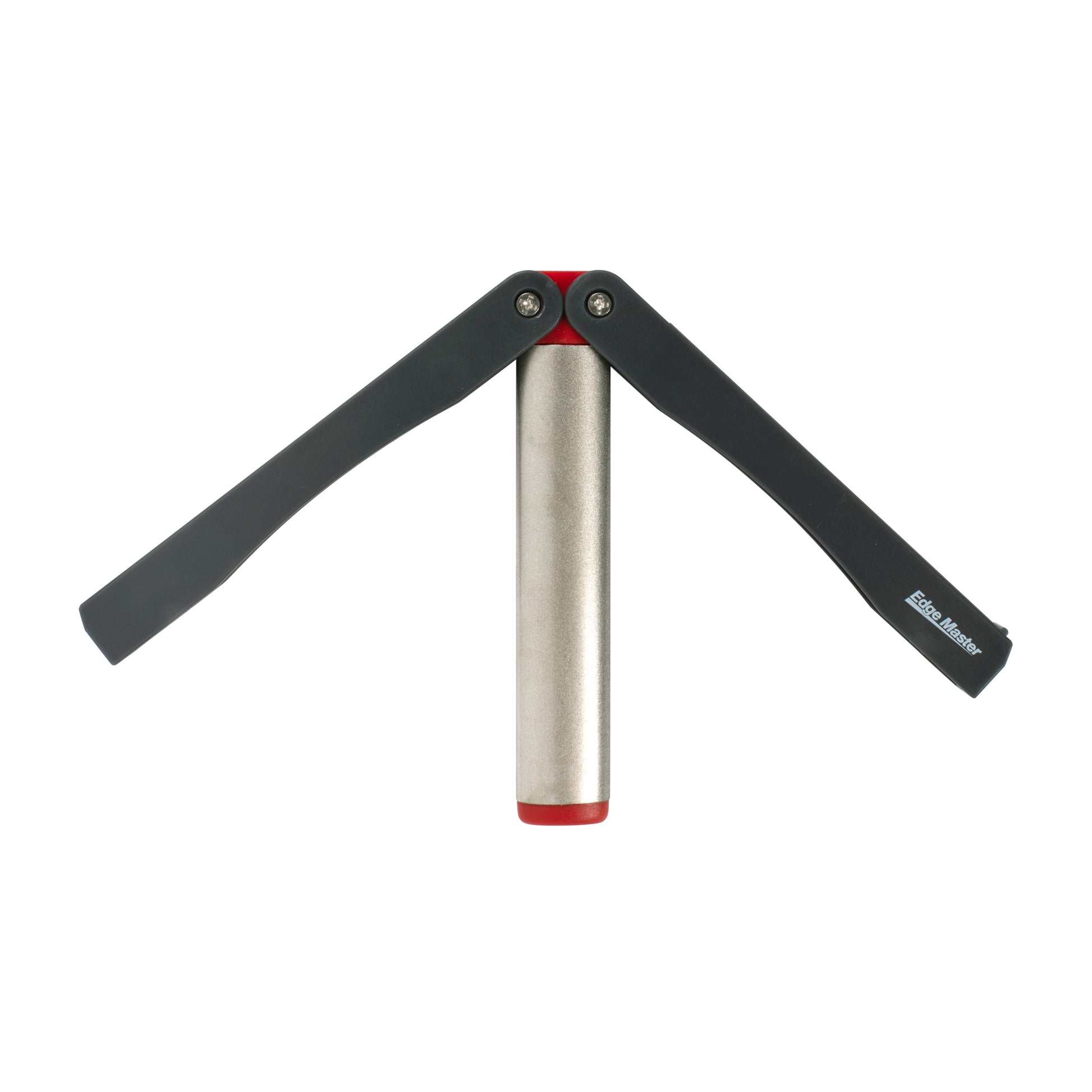 Diamond knife sharpener with black pivot handles and silver sharpening rod, red end cap