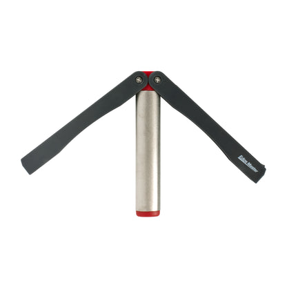 Diamond knife sharpener with black pivot handles and silver sharpening rod, red end cap