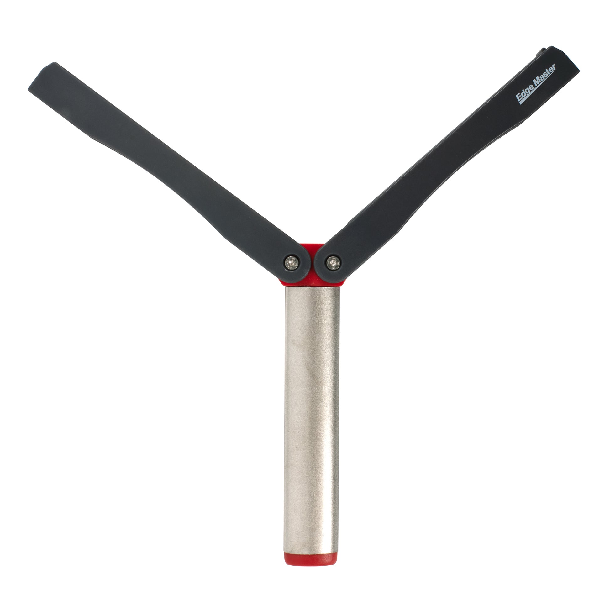 Diamond knife sharpener with black V-shaped handles and silver rod, red base insert