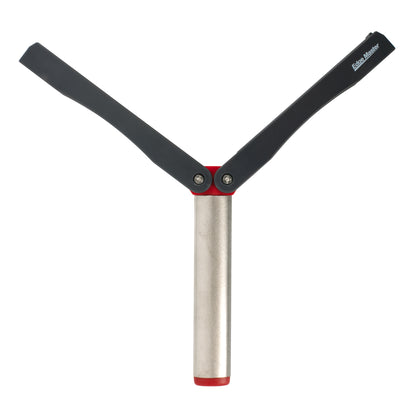 Diamond knife sharpener with black V-shaped handles and silver rod, red base insert