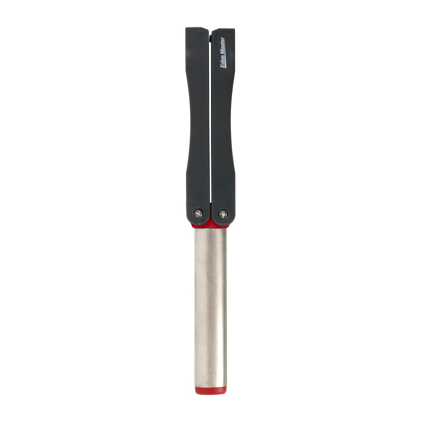 Diamond knife sharpener with two black grips on a silver rod, red abrasive tip