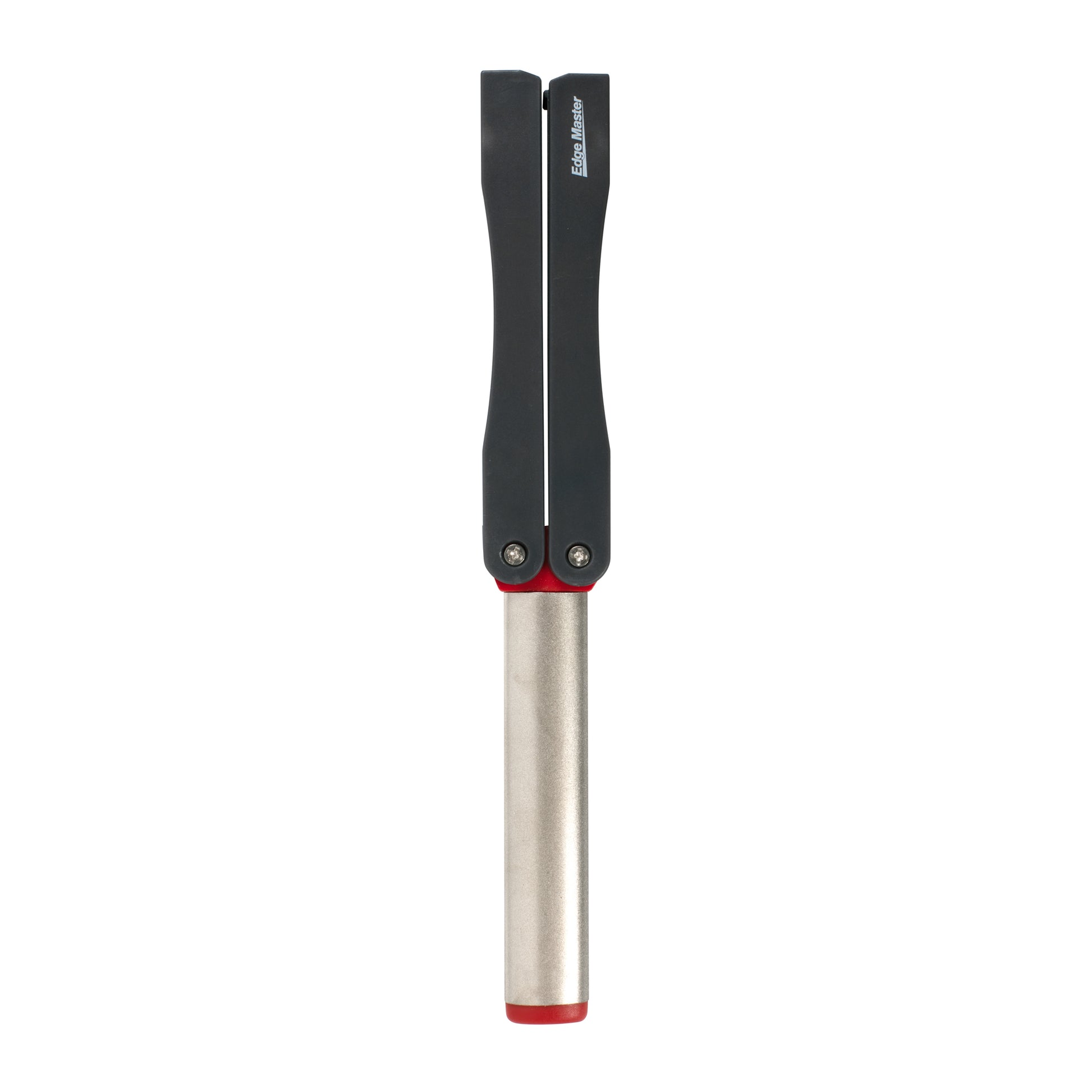Diamond knife sharpener with two black grips on a silver rod, red abrasive tip