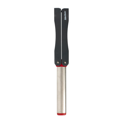Diamond knife sharpener with two black grips on a silver rod, red abrasive tip