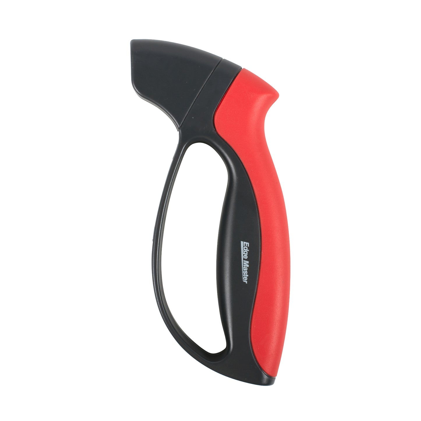Handheld knife and tool sharpener with red and black ergonomic handle