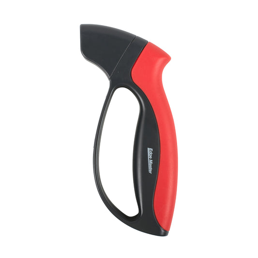 Handheld knife and tool sharpener with red and black ergonomic handle