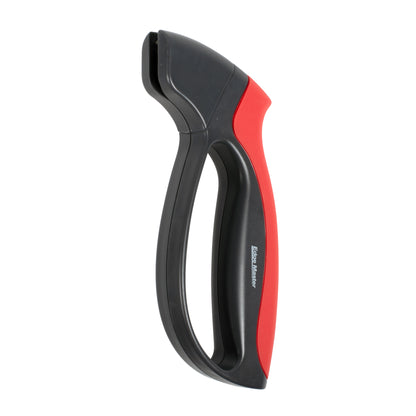 Compact knife and tool sharpener with dark red and black grip and finger loop