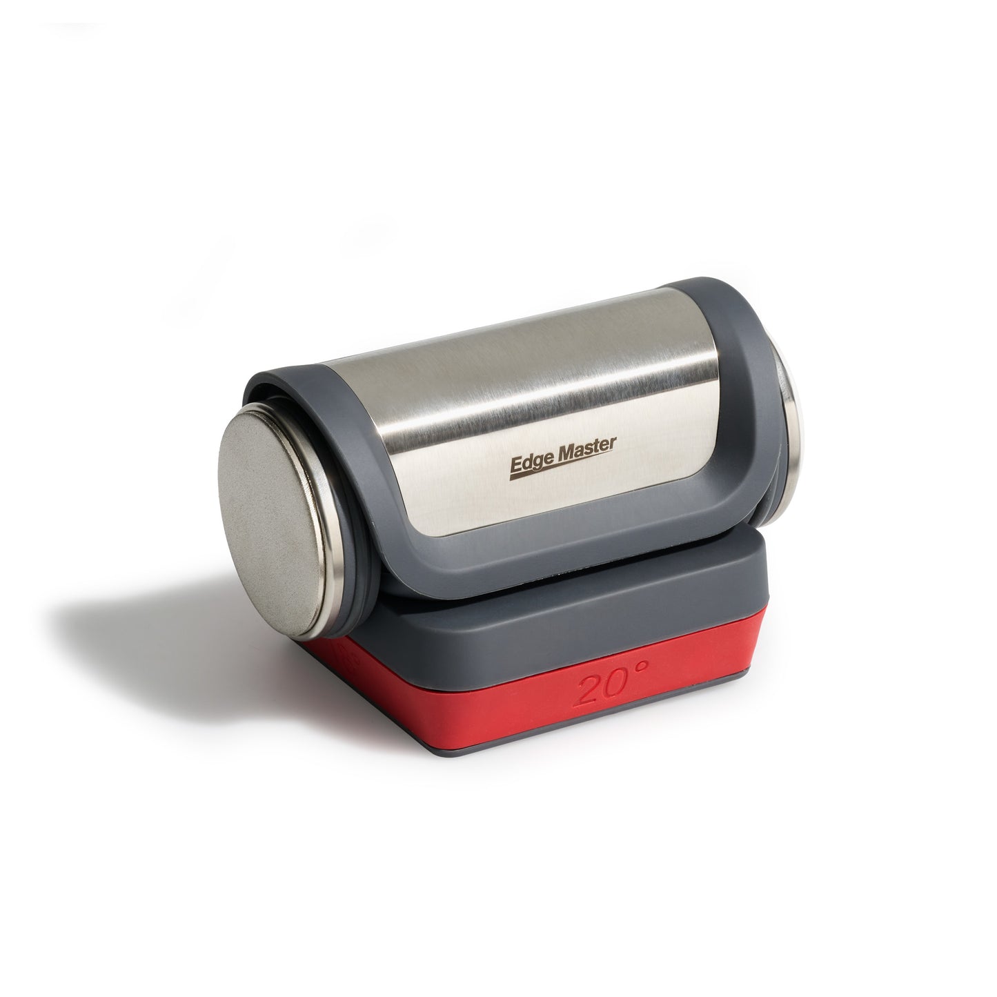 Roller knife sharpener with stainless roller and Edge Master label, dark gray housing