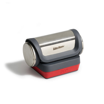 Roller knife sharpener with stainless roller and Edge Master label, dark gray housing
