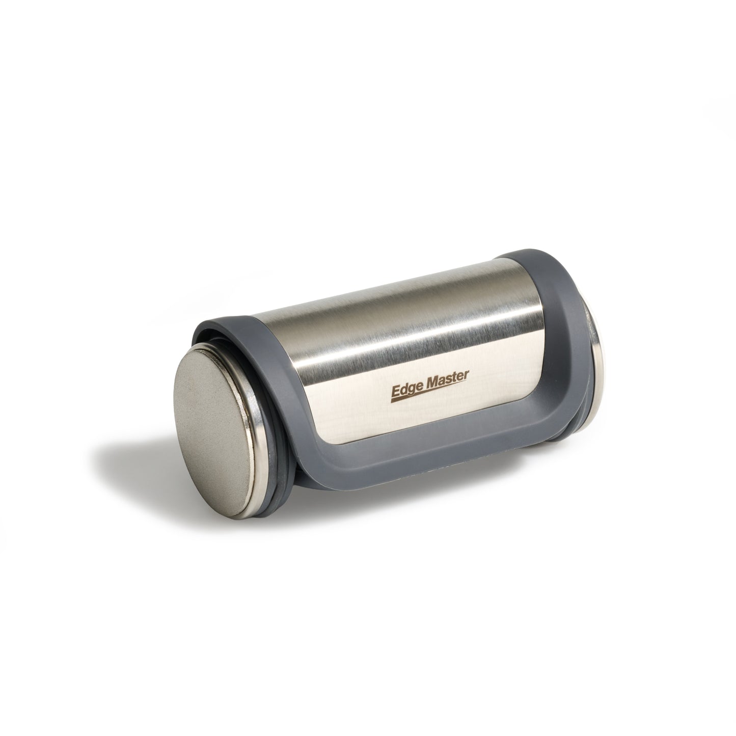 Roller knife sharpener with cylindrical sharpening roller, dark gray base, Edge Master logo