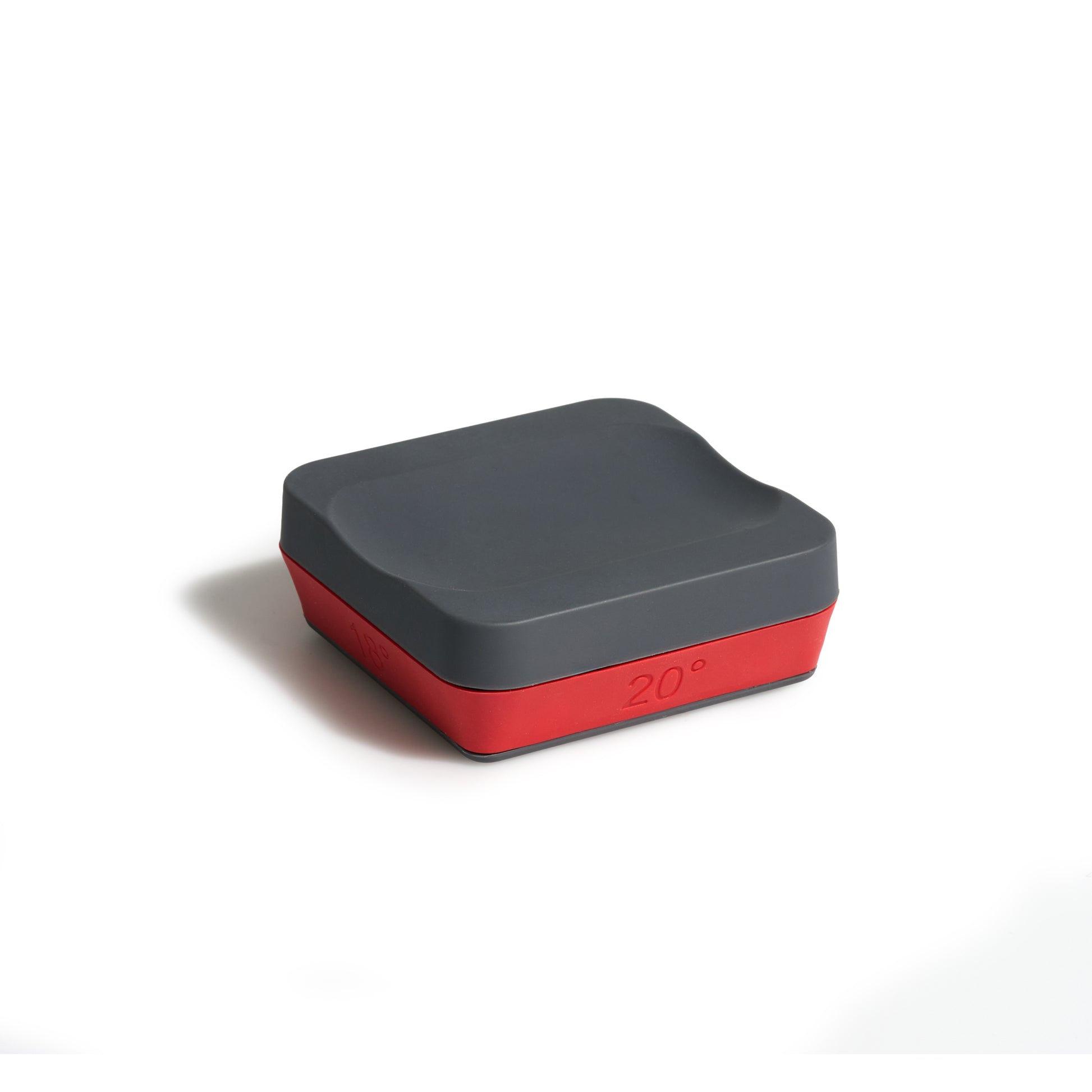Roller knife sharpener base with red underside panel and dark gray top