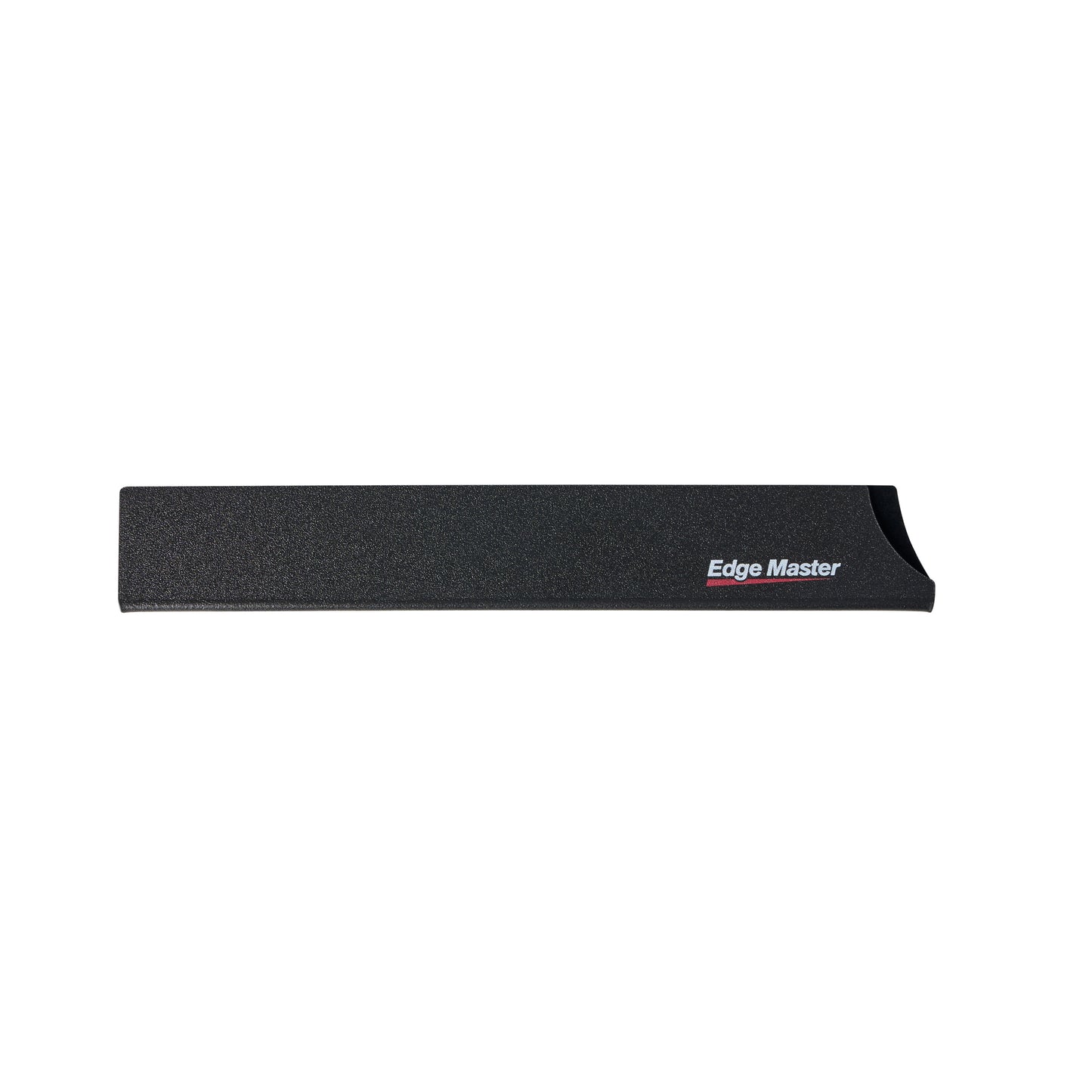 Knife guard with dark textured finish and Edge Master logo on side, curved lip