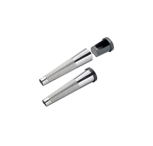 Pair of stainless steel nutmeg graters with black end caps and fine metal holes