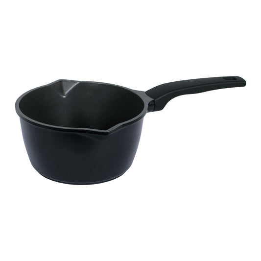 Black mini milk pan with short handle and nonstick interior