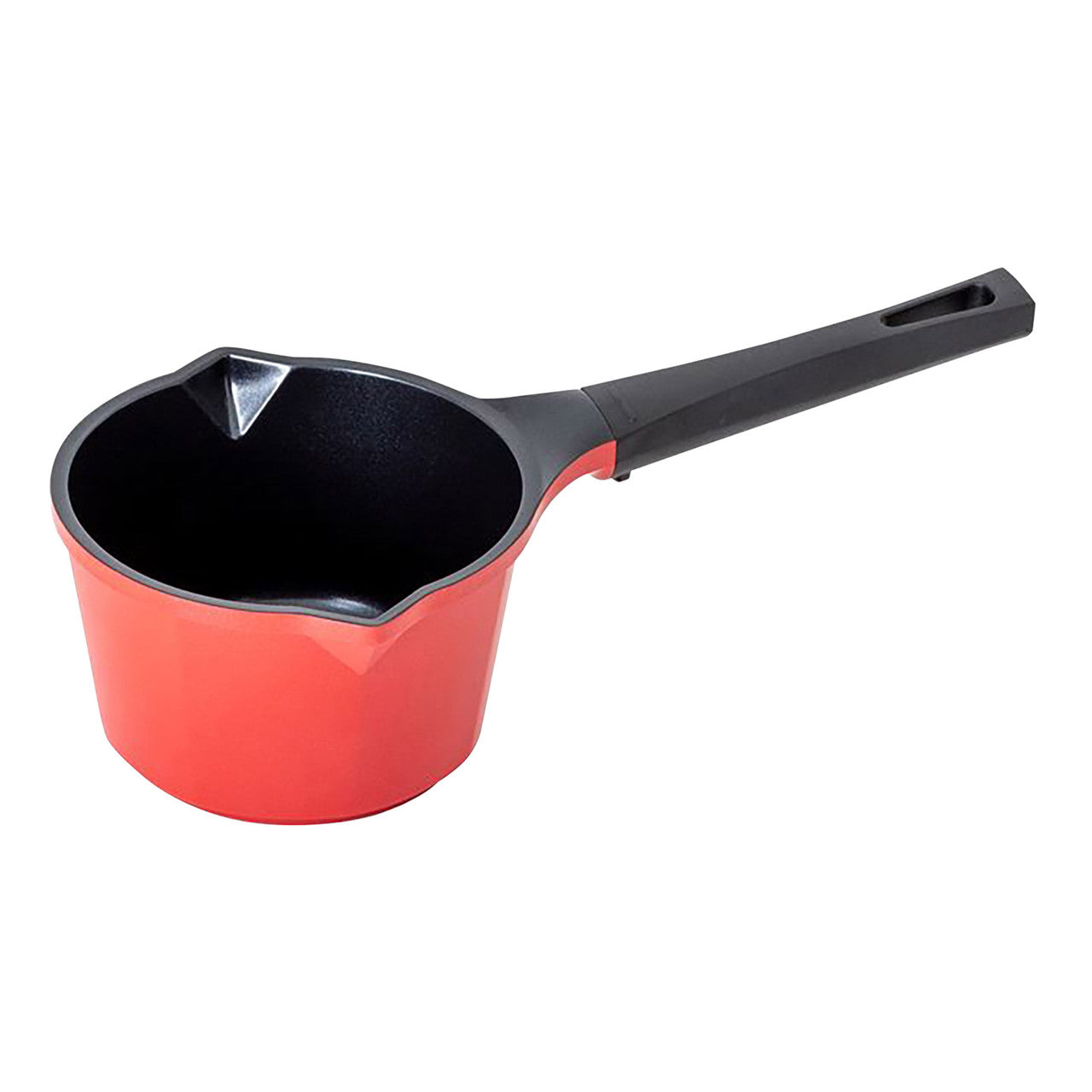 Red mini milk pan with black interior, angled spout and long handle