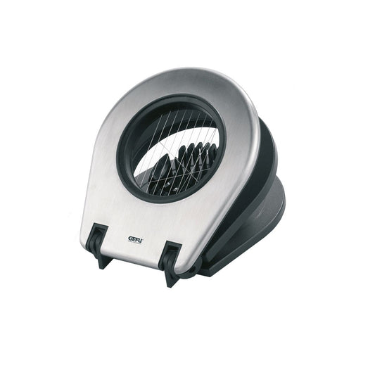 Compact stainless steel egg slicer with black base and circular grid