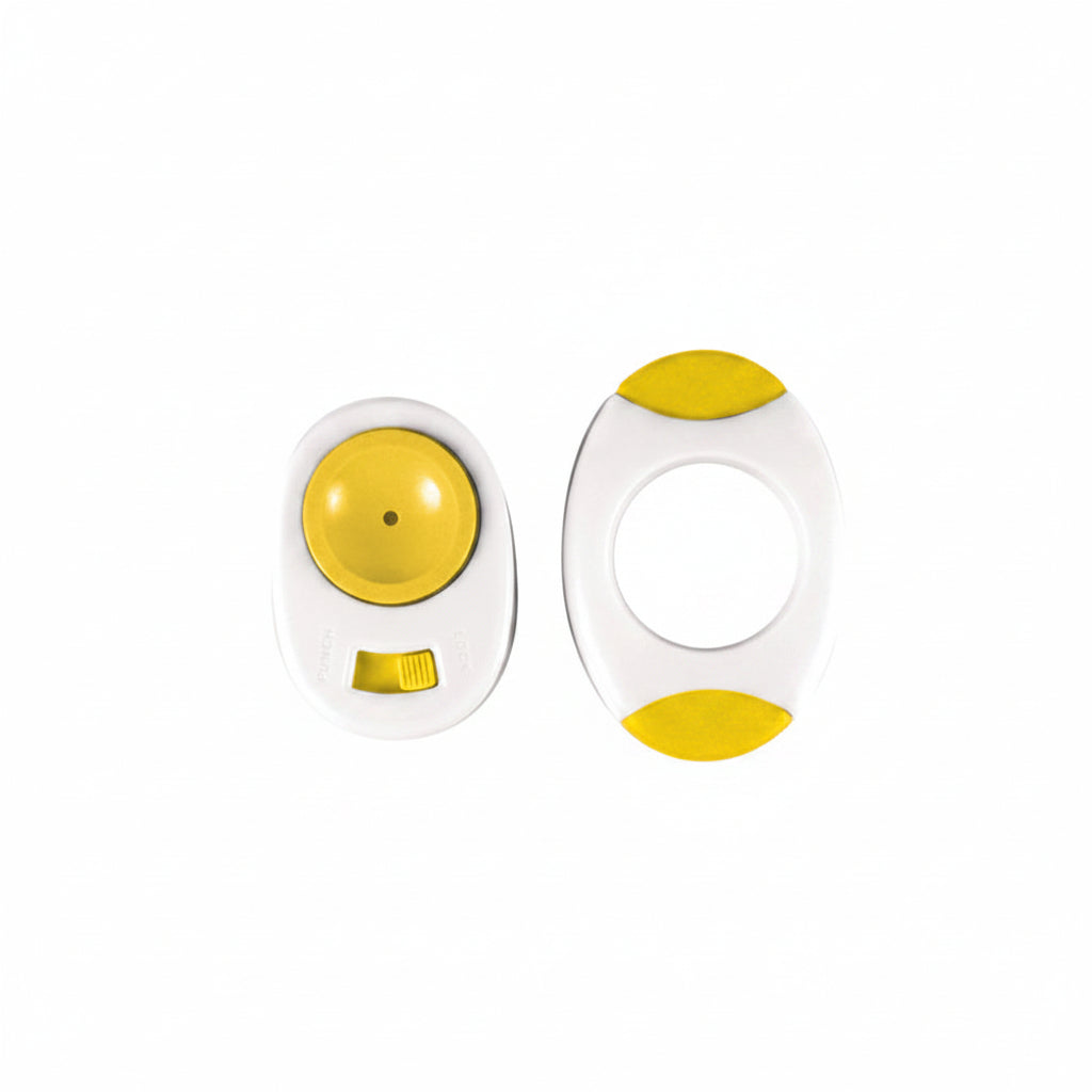 Two white and yellow plastic items on a white background
