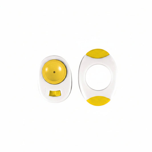 Two white and yellow plastic items on a white background