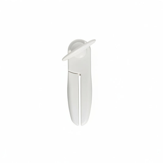 White kitchen tool with a curved blade on a white background