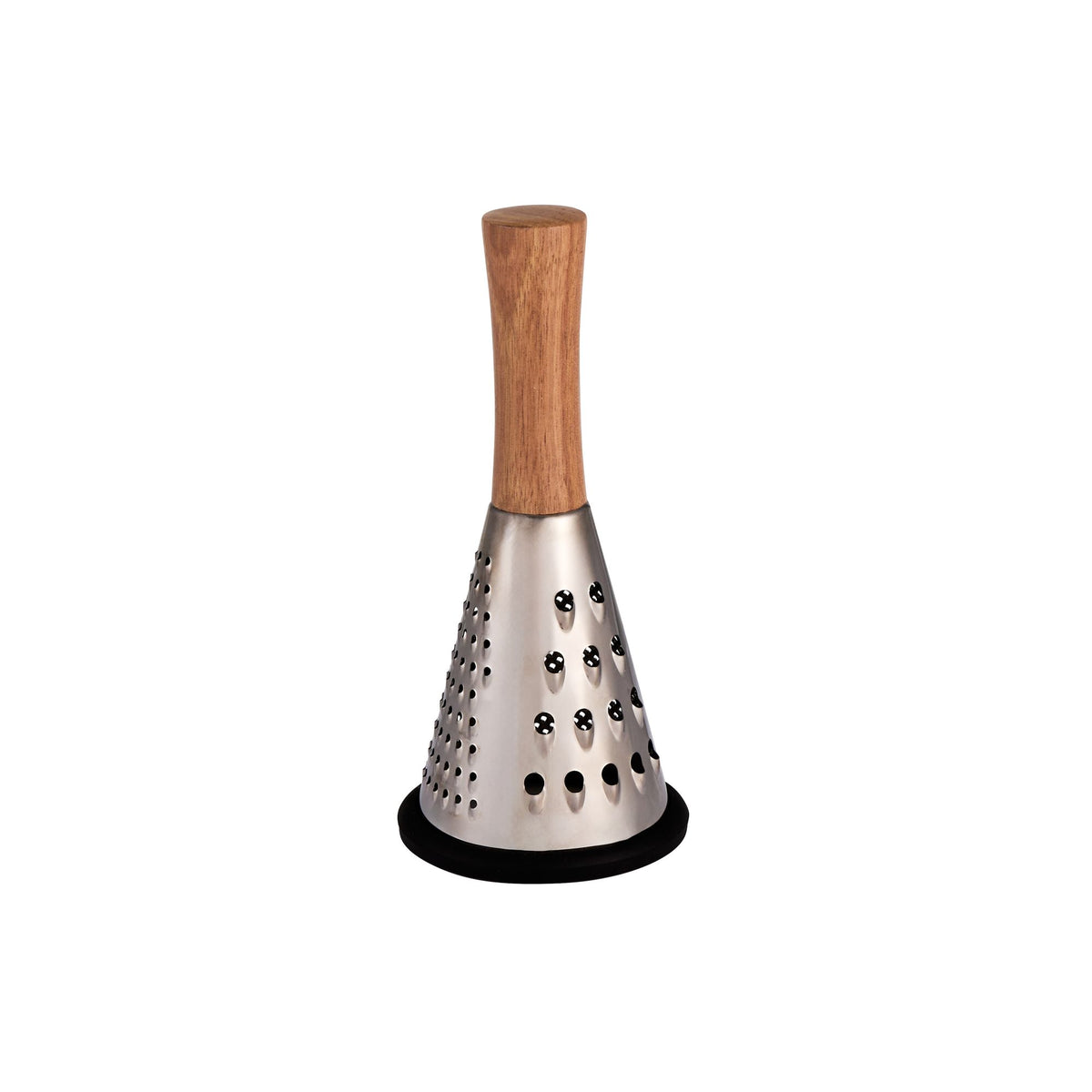 Conical grater with wooden handle, perforated metal cone, and black base ring