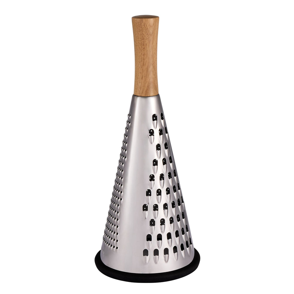 Conical grater with wooden handle, perforated metal cone with grating holes, black ring base