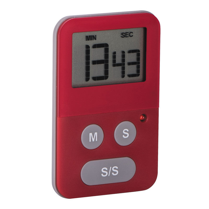 Red digital kitchen timer with LCD display, M/S buttons, S/S control, red light indicator