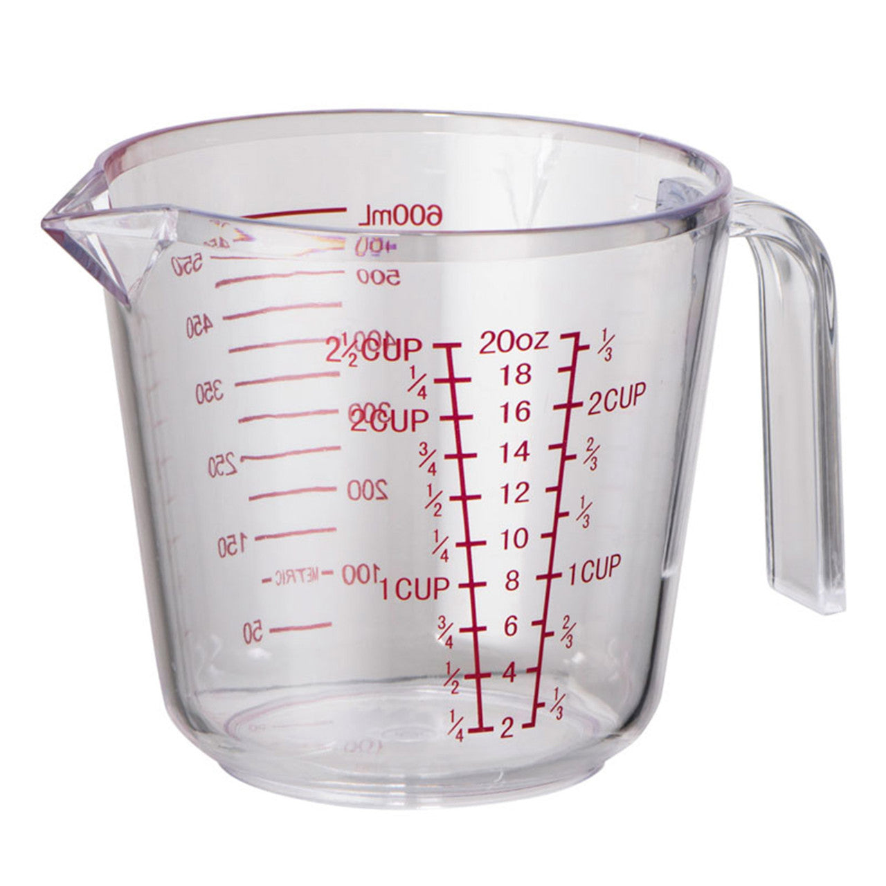 Glass measuring jug with red and blue cup/oz markings and side handle