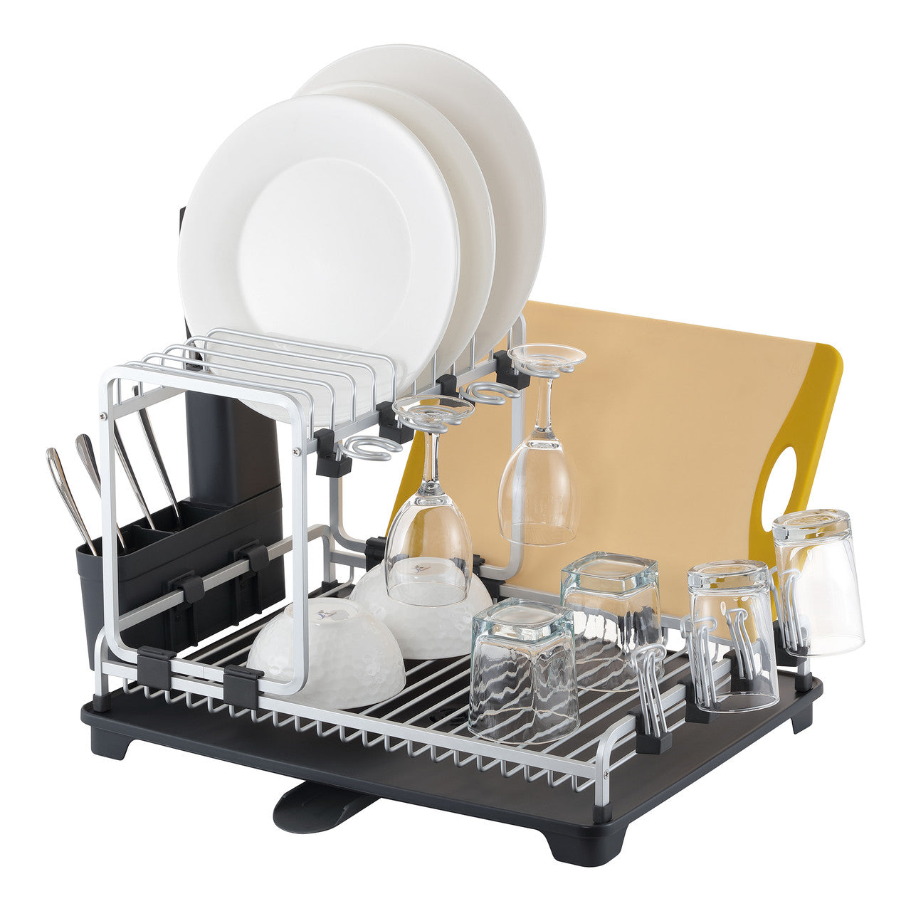 2 Tier Aluminium Dish Rack, with Glass Holder & Pot Lid/Chopping Board Holder