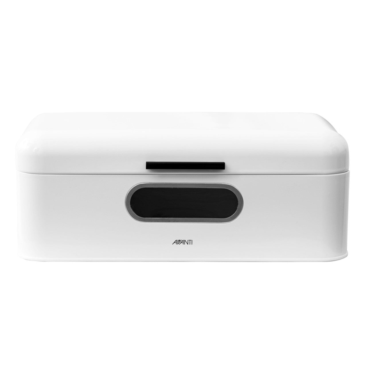 White retro bread bin with front handle and top latch