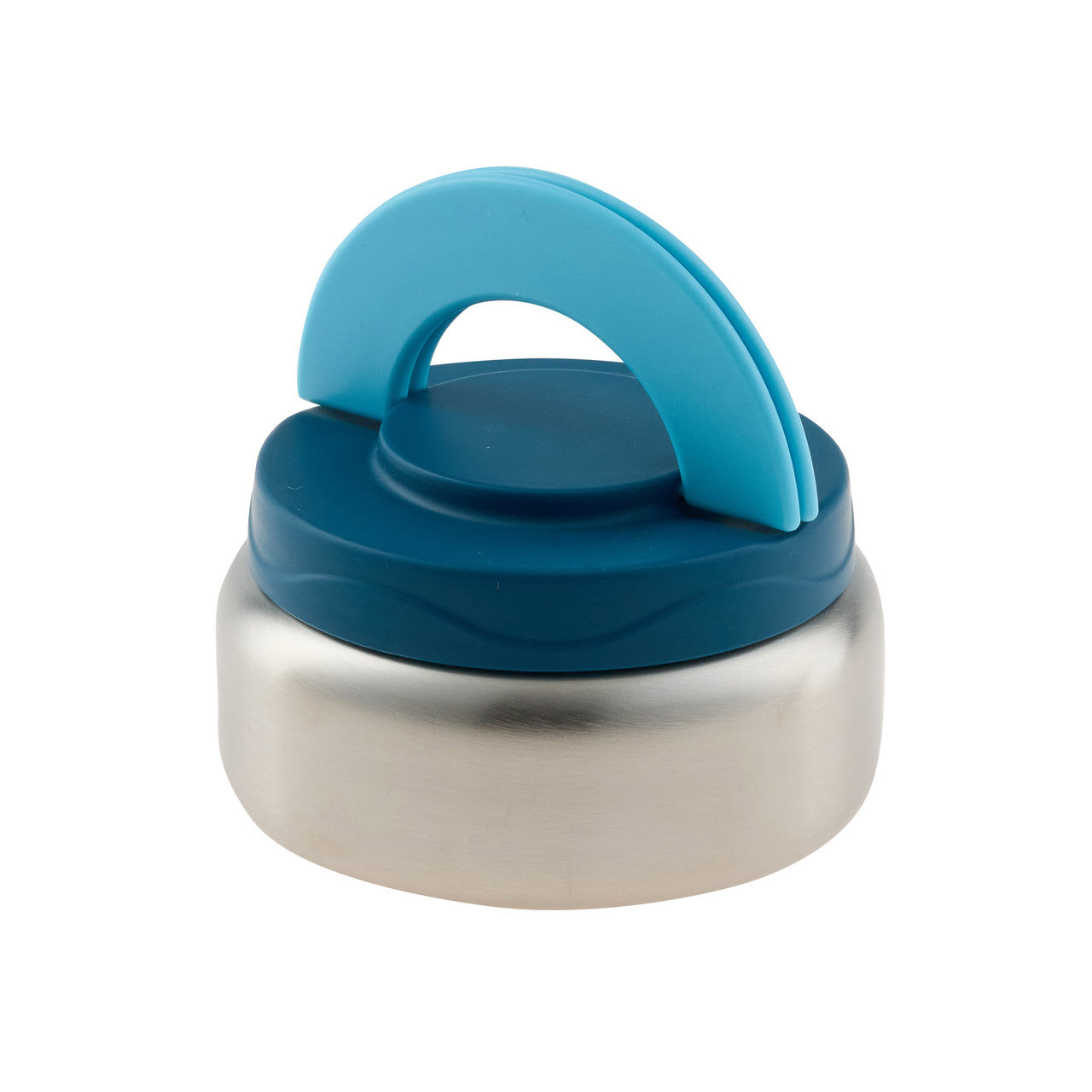 Insulated food jar with blue hinged handle lid and stainless body