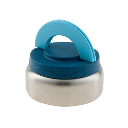 Insulated food jar with blue hinged handle lid and stainless body