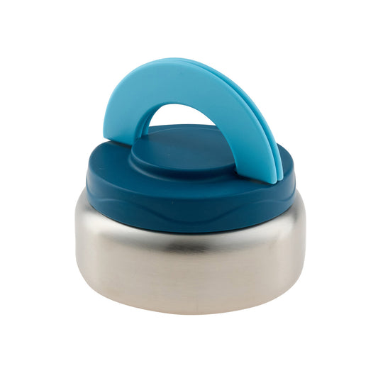 Insulated food jar with blue hinged handle lid and stainless body